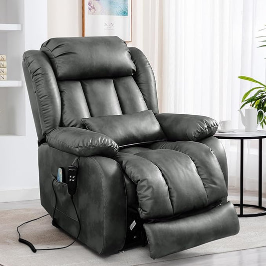 EDILLY Extra Large Power Lift Recliner Chairs for Elderly,Infinite Position Lay Flat Dual Motor Recliners Chair,with Heating and Massage, Breathable Leather,USB Ports and Remote Control(Silver Gray)