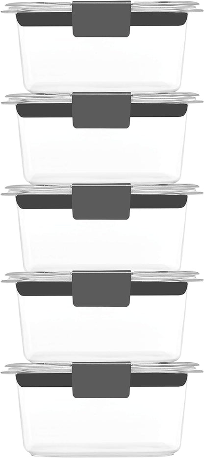 Rubbermaid Brilliance BPA-Free Food Storage Containers Multi Pack, 1.3 Cup Plastic Containers with Lids, 5 Pack, Leak Proof, Microwave & Dishwasher Safe