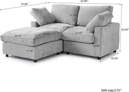 WJShome Sectional Couches for Living Room, 67 Inch Loveseat Sofa with Ottoman, Modern Chenille Fabric & Double Layer Cushions, Modular Couch for Apartment/Bedroom，Gray