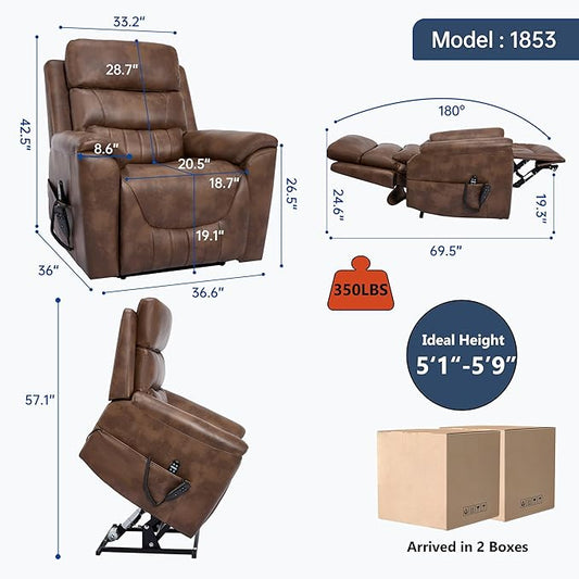 Power Lift Recliner Chair for Elderly People, Dual Motor Lay Flat Recliner with Vibration Massage and Heat, Heavy Duty Motion Mechanism Standing Assistance Reclining Chair, Faux Leather Brown