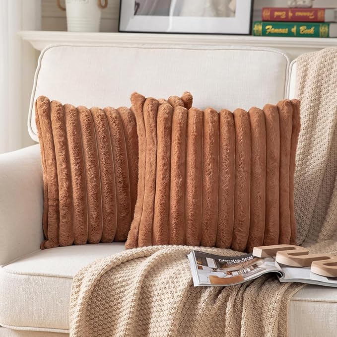 DEELAND Pack of 2,Double-Sided Faux Fur Plush Decorative Throw Pillow Covers Fuzzy Striped Soft Pillowcase Cushion Covers for Sofa Couch Bedroom Brown 24x24 inch