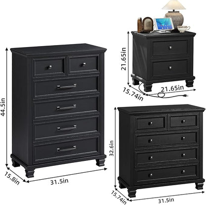 Farmhouse Bedroom Dresser and Nightstand Set of 4, 6 Drawer Tall & 5 Drawers Dresser & 2 Drawer Nightstand Set, Rustic Wood Bedroom Furniture Set for Livingroom, Hallway, Black