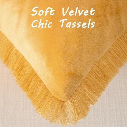 FUTEI Orange Velvet Decorative Throw Pillow Covers 22x22 Set of 2,Soft Cozy Edge with Tassels Cushion Case,Boho Modern Home Decor for Couch Bed Living Room