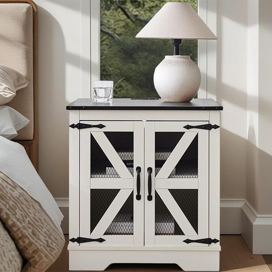 White Farmhouse End Table Set of 2, 24" Wood Sofa Side Table with Charging Station, Nightstand with Mesh Barn Door for Living Room, Square