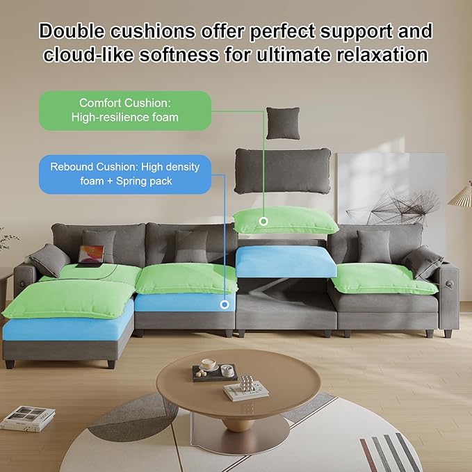 Modular Sectional Sofa, Cloud Couch with Ottoman, Charging Station, Throw Pillows, Cup Holders, Modern Convertible L Shaped Couches for Living Room, Bedroom (Grey, 152"- L Shape)