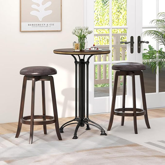 COSTWAY 29-Inch Swivel Bar Stools Set of 2, Upholstered Barstools w/PU Leather Seat & Solid Rubber Wood Legs, Mid-Century Backless Round Bar Height Stools w/Footrest for Kitchen Home Bar