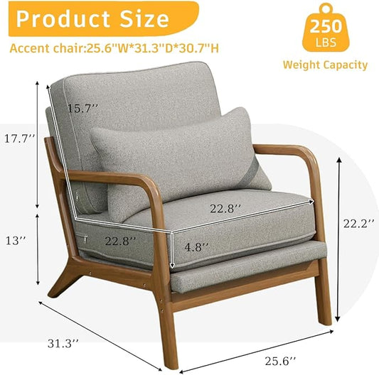 Mid-Century Accent Chair,Linen Fabric Lounge Chair with Wide Armrest,Linen Fabric Armchair withLumbar Pillow & Solid Wood Frame for Living Room, Bedroom, Balcony(Light Gray)
