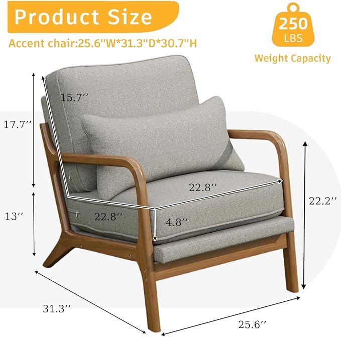 Mid-Century Accent Chair Set of 2,Linen Fabric Lounge Chair with Wide Armrest,Linen Fabric Armchair withLumbar Pillow & Solid Wood Frame for Living Room, Bedroom, Balcony(Light Gray)