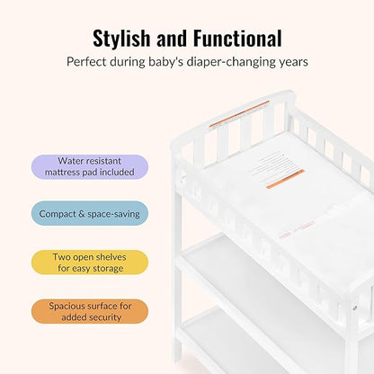 Dream On Me Emily Changing Table, Compact and Portable, Solid New Zealand Pinewood, Safety Rails, Two Storage Shelves, Includes Water-Resistant 1" Changing Pad — White