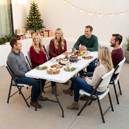 Folding Table 6FT HDPE 6 Foot Foldable Table Portable Banquet Surface Fold-in-Half Desk Utility for Working Meeting Parties, Picnic, Camping, Weddings, Catering, Garden Dining-White