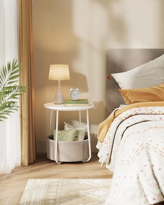 VASAGLE LILEA Collection - Small Round Side End Table, Modern Nightstand with Fabric Basket, for Living Room, Bedroom, Set of 2, Matte White and Camel Brown ULET225WG01S