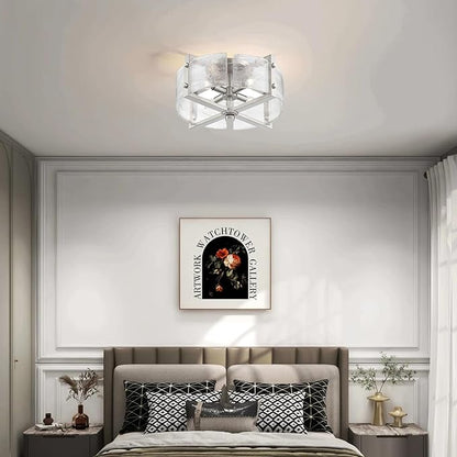 Bofea-Modern Semi Flush Mount Ceiling Light Chrome Drum Light Fixture with Hand-Blown Glass Shade 4-Lights Hallway Lighting Fixtures Farmhouse Ceiling Lights for Dining Room Foyer Entryway Lamp
