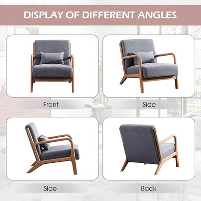 Accent Chair Mid Century Modern Chair Linen Fabric Living Room Chairs with Solid Wood Frame Comfy Upholstered and Lumbar Pillow Reading Side Chair Easy Assembly for Bedroom (1, Grey)