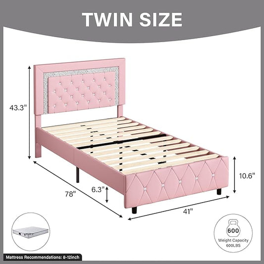BarnFurin Twin Bed Frame with Headboard, Faux Leather Upholstered Bed with Diamond Tufted Design, Princess Twin Bed Frames for Kids, No Box Spring Required, Easy Assembly, Pink