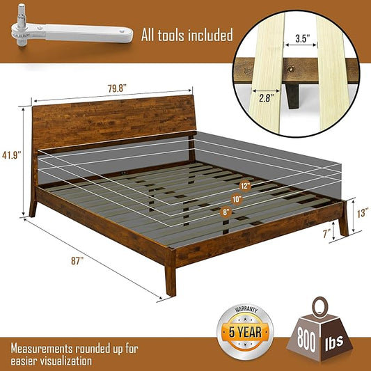 Acacia Serenity King Bed Frame and Headboard Solid Wood Platform Bed, King Size Bed Frame and Headboard, Scandinavian Wood Bed Compatible with All Mattress Types, Non-Slip and Noise-Free, Caramel