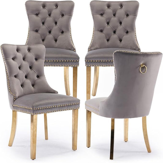 Velvet Upholstered Dining Chairs Set of 4, Modern Style Kitchen Side Chairs with Nailhead Trim and Gold Plated Leg, Metal Pulling Ring for Dining Room Living Room(Gery-Gold Plated Leg)