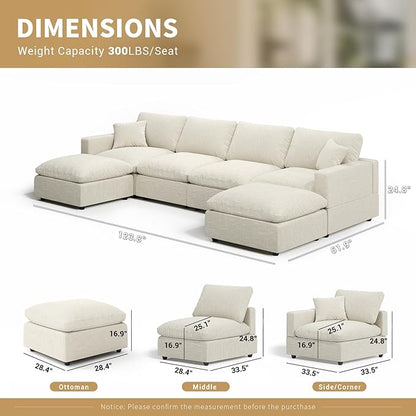 Modern Sectional Linen Couch for Living Room U-Shape Sofas,6 Seat Modular Cloud Sofas,Couches Cushion Covers Removable,Cozy Feather Down Sofa for Apartment Beige