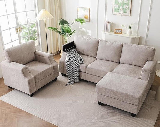 85'' L Shaped Couch with Armrest Organizer,Comfy 3 Seats Sofa with Storage Ottoman,Chenille Sectional Couches for Living Room,Bedroom,Apartment,Sofa Set with Oversized Chair,Khaki