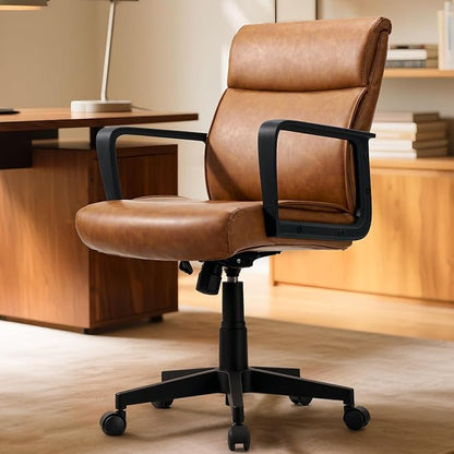 Artswish Leather Office Chair Brown Desk Chair with Wheels Arms, Mid Back Leather Executive Computer Chair Mid Century Chairs for Home Office