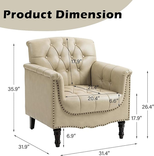 Lumibee Faux Leather Armchairs, Contemporary Accent Chairs Set of 2 with Nailhead Trims & Wood Legs for Living Room, Upholstered Comfy Arm Chairs for Office,Bedroom-Beige