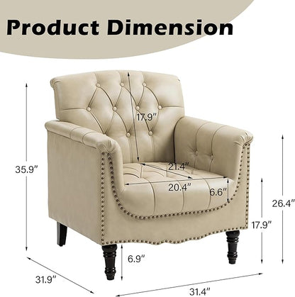 UIXE Faux Leather Accent Chair, Upholstered Armchair for Living Room, Retro Button Tufted Club Arm Chair Single Sofa Bedroom Side Reading Seating with Solid Wood Legs - Beige