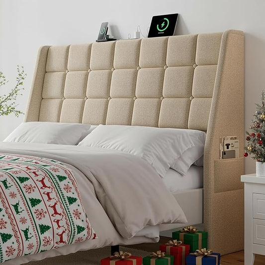 Ergonomic Upholstered Headboard Queen Size w/Charging Station, Linen Wingback Headboards w/Storage Pocket, Queen Headboard Only, Bed Frame Adapters, Sturdy Stable Solid Wood Bed Head Board, Beige