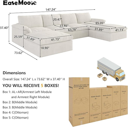 EASE MOOSE Boneless Modular Cloud Couch, U-Shaped Oversized Sectional Sofa for Living Room with Ottoman, Extra Large Movable Couches, 6-Deep-Seat Sofas for Bedroom Apartment, Chenille (White)