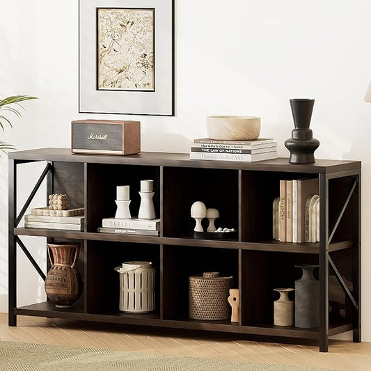 8 Cube Storage Organizer Bookshelf, Industrial Horizontal Bookcase, Accent Cubby Shelf, Media Console Table for Living Room, Home Office, 13.6" D x 63" W x 30.9" H, Brown Walnut