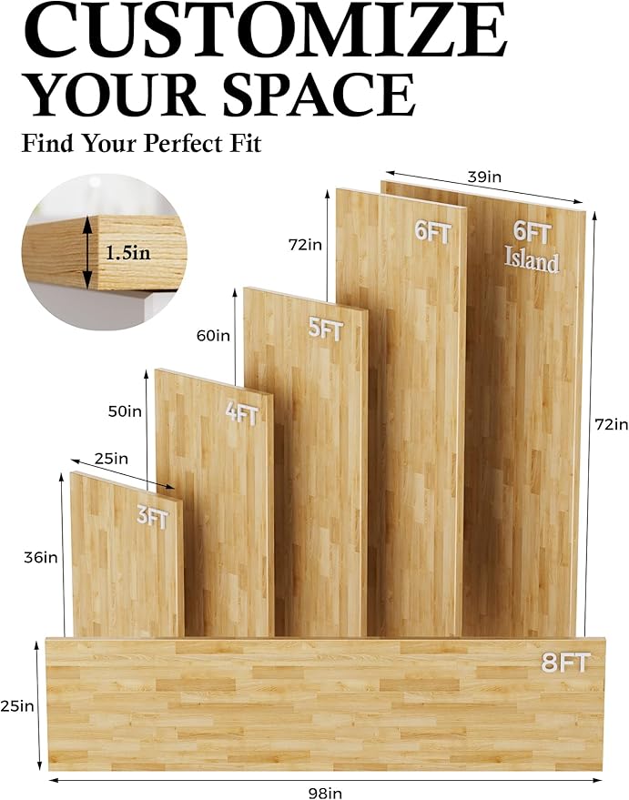 8FT Butcher Block Countertop Birch Solid Wood - 98" x 25" Table Top Butcher Block Cutting Board for Kitchen Island Cart Living Dining Office Desk Washer Dryer Countertop Replacement Unfinished 1.5" Th