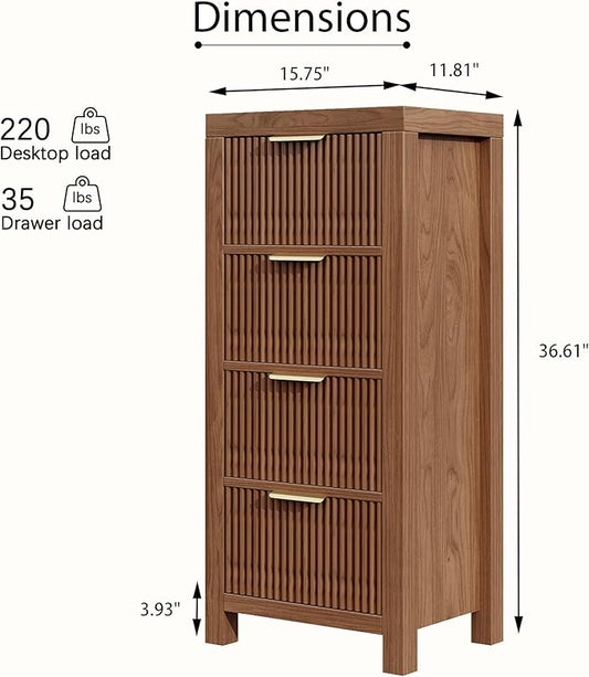4-Drawer Modern Solid Wood Dresser with Fluted Front & Gold Handles, Multifunctional Tall Storage Chest, for Hallway, Entryway, Walnut Oak
