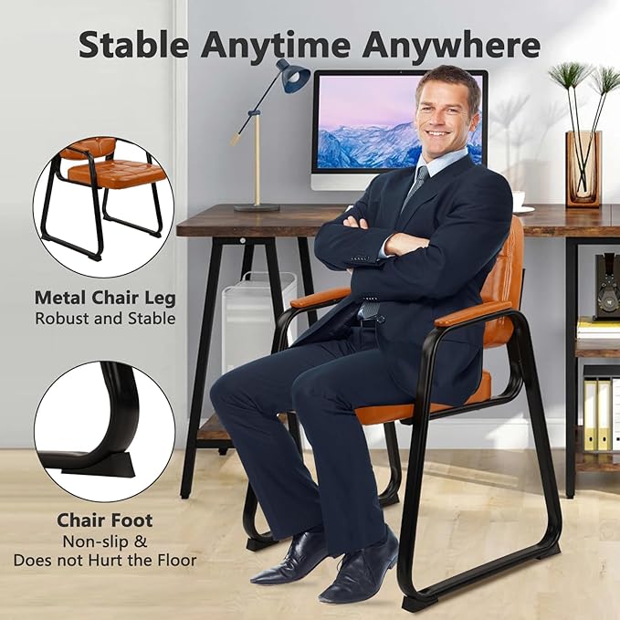 CLATINA Waiting Room Chairs with Padded Arms Leather Guest Chair no Wheels for Office Reception and Conference Desk with Sled Base Orange, 2PK