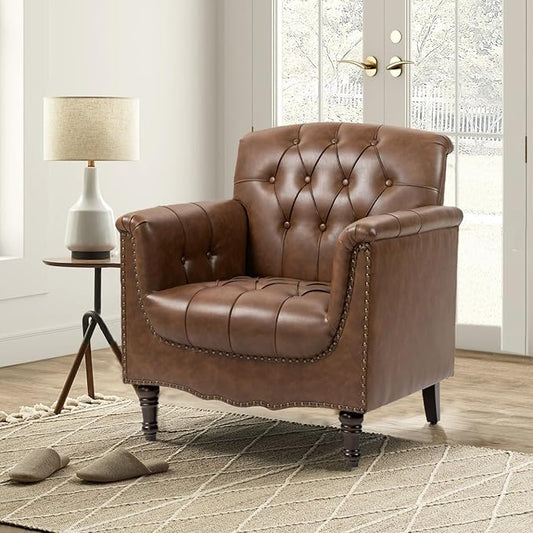 Faux Leather Accent Chair, PU Leather Modern Comfy Upholstered Armchair with Wood Legs & Nailhead Trim for Living Room, Bedroom (Brown,Set of 1)