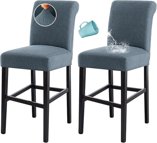 H.VERSAILTEX 100% Waterproof High Chair Cover Dining Chair Seat Covers Stretch Bar Stool Covers Removable Counter Stool Pub Chair Slipcover Chair Covers Jacquard Crizzle Pattern Set of 2, Stone Blue