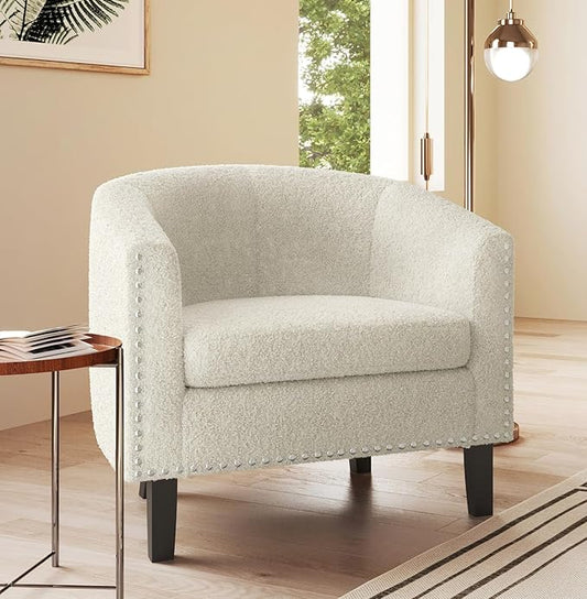 BELLEZE Accent Barrel Chairs Set of 2, Modern Tub Club Chairs Upholstered Armchairs for Living Room, Accent Chairs with Silver Nail Head Trim Black Legs - Kyara (White/Polyester)