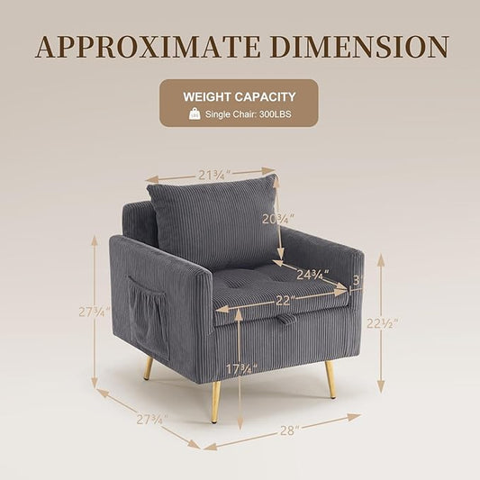 Furnimart Storage Accent Chair with Arm, Mid-Century Corduroy Sofa Chair with Removable Cushion, Reading Chair for Bedroom, Living Room, Apartment, Gray