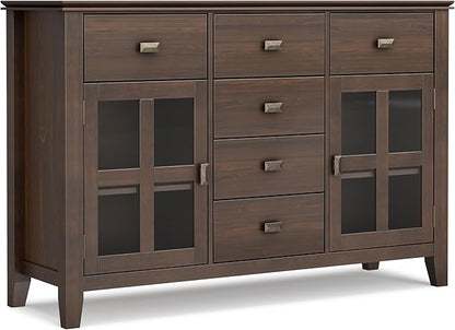 SIMPLIHOME Artisan Buffet - 54 inch Wide Solid Wood 3-Door Sideboard Buffet in Natural Aged Brown, Transitional Storage Cabinet for Dining Room or Kitchen with Adjustable Shelves and Bronze Hardware