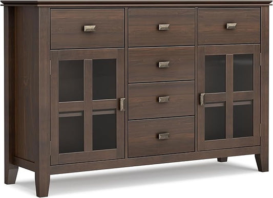 SIMPLIHOME Artisan Buffet - 54 inch Wide Solid Wood 3-Door Sideboard Buffet in Natural Aged Brown, Transitional Storage Cabinet for Dining Room or Kitchen with Adjustable Shelves and Bronze Hardware