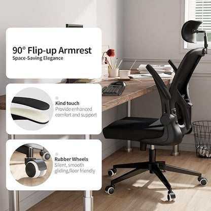 Monhey Office Chair Ergonomic Desk Chair with Lumbar Support&Headrest&Flip-up Arms Height Adjustable Rocking Swivel High Back Computer Chair Black Mesh Study Chair (03All Black)
