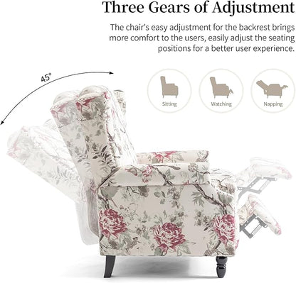 Wingback Recliner Chair Set of 2, Floral Fabric Pushback Recliner Chair, Upholstered Armchair Push Back Recliner, Rivet Trim Single Sofa Accent Chair with Wood Legs for Living Room, Floral Plants