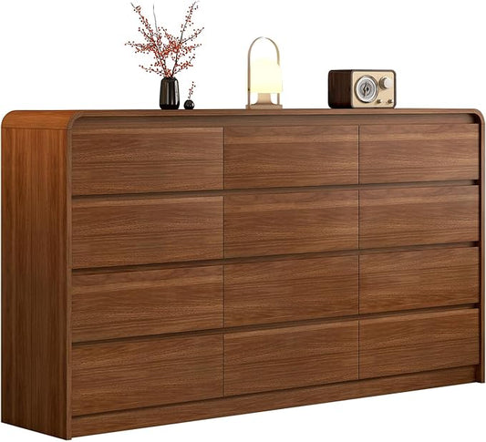 63 Inch Dresser For Bedroom 12 Drawer Wood Chest of Drawers - Curved Anti Collision, Mid Century Dresser For Closet with Natural Texture & Pre-Embedded Slots for TV Stand, Living Room, Nursery
