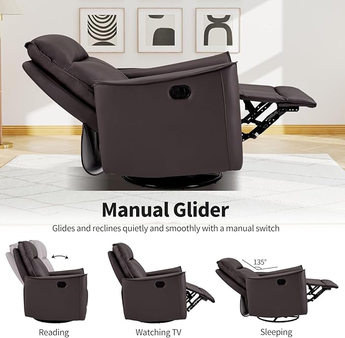 CANMOV Swivel Rocker Recliner, Glider Rocking Chair, Nursing Chairs Swivel Glider Recliners with Soft Backrest, Leathaire Manual Reclining Sofa for Living Room Bedroom Apartment, Dark Brown