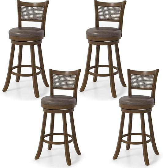 COSTWAY 30” Swivel Bar Height Barstool Set of 2, Rubber Wood Bar Stools with Rattan Backrest, Footrest, Upholstered Leathaire Armless Chairs for Kitchen Island, Pub, Brown (4, 30” Seat Height)