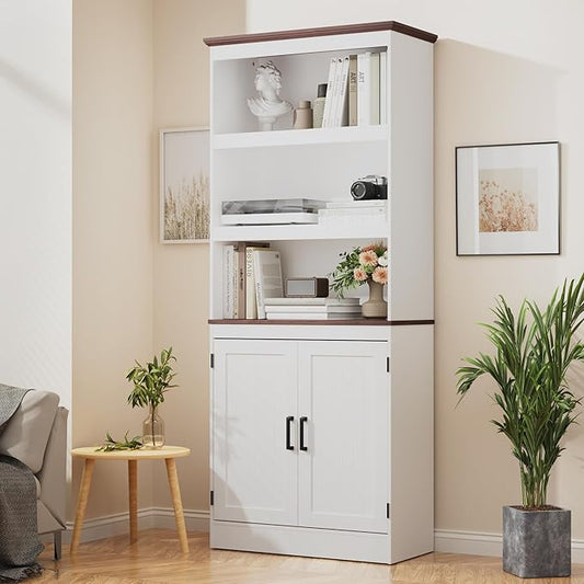 MHOM 71" Tall Bookshelf with Doors, 5 Tiers Farmhouse Bookcase with Adjustable Shelves, Wooden Rustic Display Cabinet for Home Office, Living Room, White