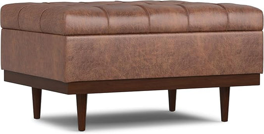 SIMPLIHOME Mariah 34 inch Wide Contemporary Rectangle Coffee Table Storage Ottoman in Distressed Saddle Brown Vegan Faux Leather, Assembled, For the Living Room, Entryway and Family Room