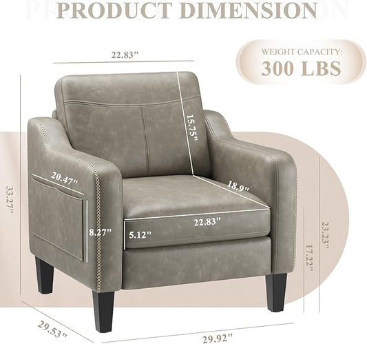 PU Leather Accent Chair, Mid-Century Modern Living Room Armchair Sofa with Removable Cushions, Solid Wood Frame & Stitched Armrest Design, Bedroom Chair with Plastic Legs, Grey