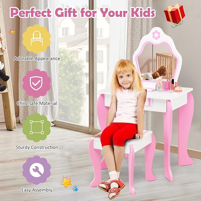 HONEY JOY Kids Vanity, Toddler Makeup Table with Mirror and Stool, Wooden Pretend Play Vanity for Little Girls, Detachable Mirror and Storage Drawer, Kids Vanity Table and Chair Set (Pink)