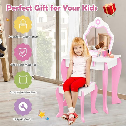 HONEY JOY Kids Vanity, Toddler Makeup Table with Mirror and Stool, Wooden Pretend Play Vanity for Little Girls, Detachable Mirror and Storage Drawer, Kids Vanity Table and Chair Set (Pink)