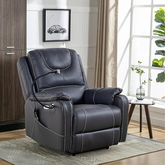 Zero Gravity Power Recliner Chairs for Adults 139°Single Sofa Chair Massage and Lumbar Heating with USB Port, Phone Holder, Side Pocket, Eco Leather(Black)