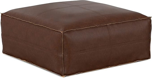 SIMPLIHOME Brody 30-inch Wide Large Square Coffee Table Pouf in Distressed Dark Brown, Vegan Faux Leather Ottoman, Footrest, or Extra Seating for Living Room, Assembled