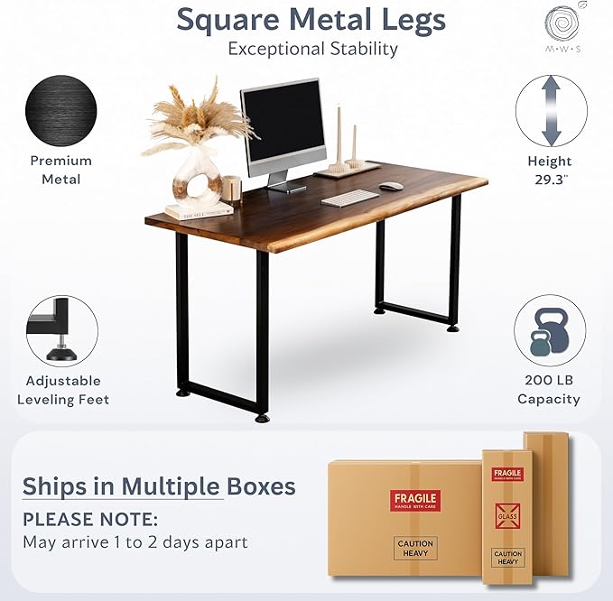 Wood Computer Desk with Monitor Stand - 48x27 Solid Wood Desk, Live Edge Walnut Desk, Sturdy Metal Legs - Scratch and Stain Resistant Finish - Premium Quality